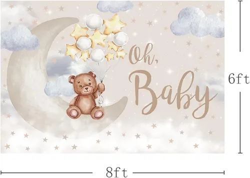 Miniatura 2 de MEHOFOND Oh Baby Bear - Telón de fondo para baby shower, género neutro, decoración de fiesta de cumpleaños, pancarta de oso en la luna, globos