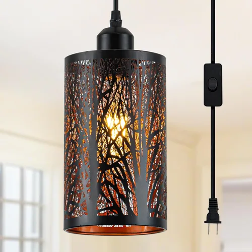 Lámpara colgante industrial negra con enchufe Vintage Mini Negra Dorada Iluminación colgante Rústica Cilindro hueco tallado con enchufe para isla de