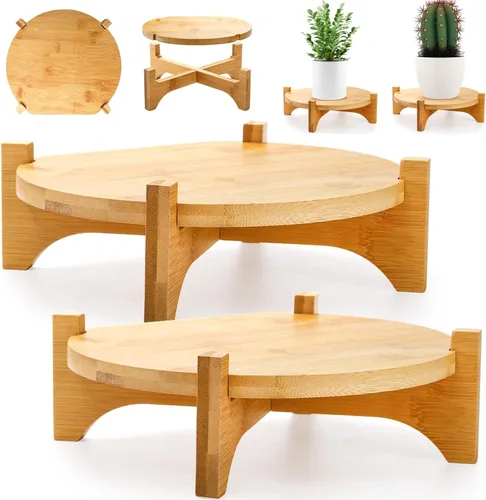 Pumtus Paquete de 2 soportes pequeños para plantas, soporte de madera para macetas de interior, soporte desmontable de bambú para macetas de