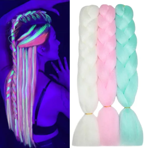Extensiones de cabello trenzado jumbo coloridas que brillan en la oscuridad para trenzas de arco iris de 24 pulgadas, 3 piezas (blanco/rosa/verde)