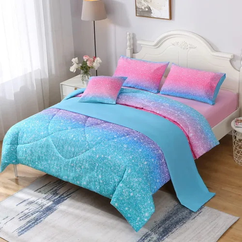 Miniatura 3 de JQinHome Juego de edredón con purpurina tamaño Queen, juego de ropa de cama de 6 piezas en una bolsa, colorido en 3D, rosa y azul, para niñas y Rosa