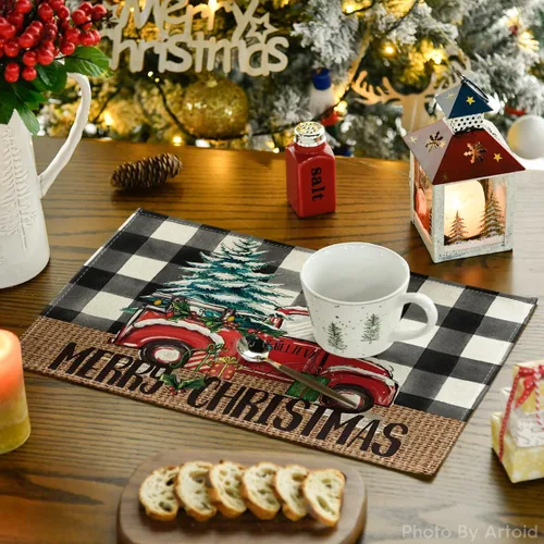 Miniatura 3 de Artoid Mode Manteles Individuales de Camión a Cuadros Buffalo Plaid Feliz Navidad Juego de 4, 12x18 Pulgadas Manteles de Mesa de Árbol de Navidad