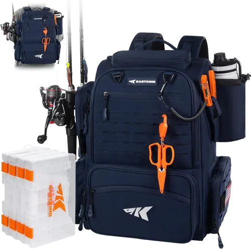 Miniatura 11 de KastKing Bait Boss Mochila de aparejos de pesca con soportes para caña, 4 cajas de aparejos, cubierta para lluvia, almacenamiento grande de 43 L B