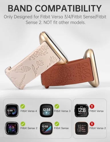 Miniatura 3 de Minyee Paquete de 2 correas grabadas florales compatibles con Fitbit Versa 4/Versa 3/Sense 2/Sense Band para mujer, lindo diseño de girasol