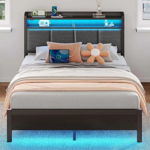 Miniatura 14 de Rolanstar Armazón de cama tamaño completo con estación de carga y luces LED, cabecera tapizada con estantes de almacenamiento, listones de metal