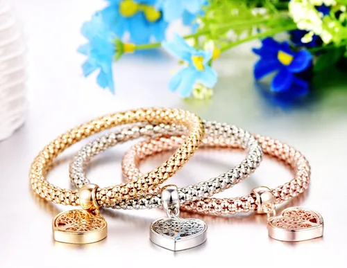 Miniatura 7 de 3 pulseras de cadena de palomitas de maíz de oroplataoro rosa - dije de edición de corazón con pulsera elástica de cristal para mujeres y niñas