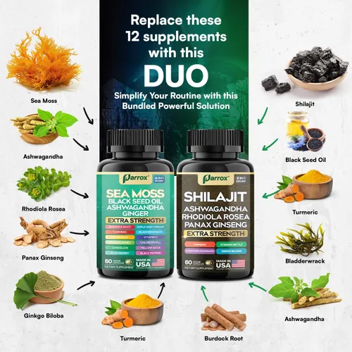 Miniatura 4 de Paquete de Shilajit y musgo marino, musgo marino 350 mg, aceite de semilla negra 200 mg, Ashwagandha 100 mg, cúrcuma, Shilajit 300 mg, Rhodiola