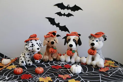 Miniatura 7 de Plushland Halloween Pawpals - Juguete de peluche de 8 pulgadas para cachorro, con sombrero y linterna Jack O Lantern de Halloween, calabaza