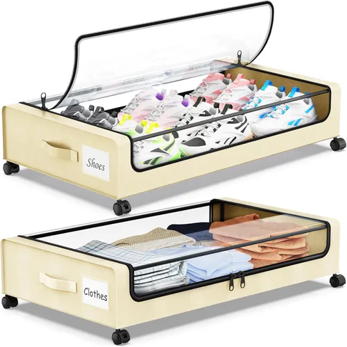Molutsody Almacenamiento debajo de la cama con ruedas, paquete de 2 contenedores de almacenamiento debajo de la cama con tapas transparentes,