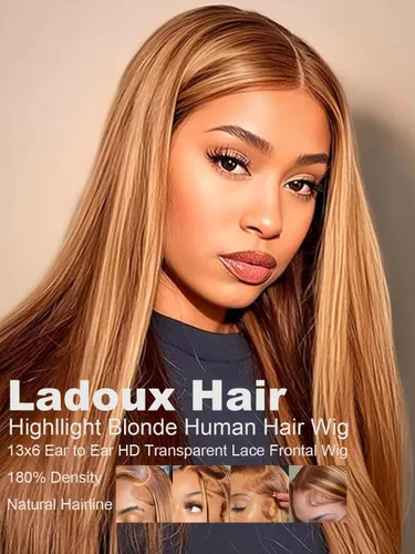 Miniatura 5 de Ladoux Pelucas de cabello humano lacio con reflejos degradados de 13 x 6 pulgadas, encaje frontal transparente HD, 14 pulgadas, densidad del 180%