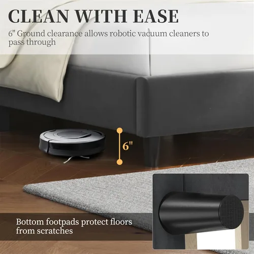 Miniatura 7 de Yaheetech Base de cama tamaño Queen con plataforma tapizada con lados en forma de ala/soporte de listones de madera/cabecera copetada con lado