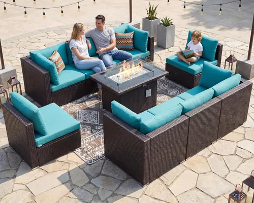 Miniatura 70 de NICESOUL Juego de muebles de patio para exteriores de 7 piezas con mesa para hoguera, gas natural y propano convertible, respaldo alto de 29.3
