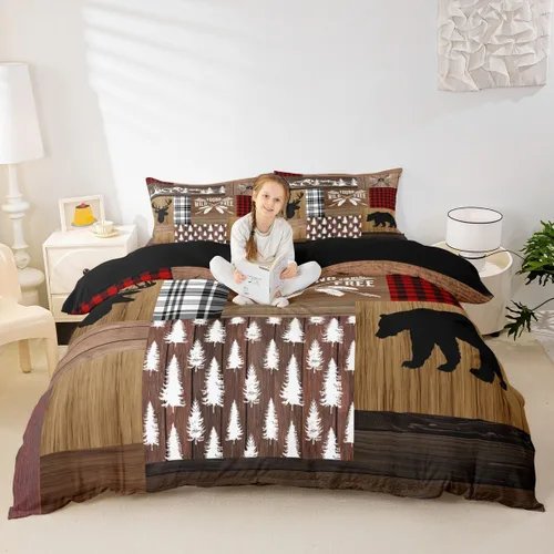 Miniatura 26 de Erosebridal Funda de edredón rústica de ciervo, tamaño individual, funda de edredón de retazos de oso para niños, adolescentes y adultos, juego