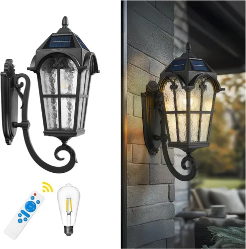 Miniatura 20 de Emliviar Aplique de Pared Vintage para Exteriores con Vidrio de Ondas de Agua, Linterna de Pared para Porche Delantero de 17.5", Acabado Negro