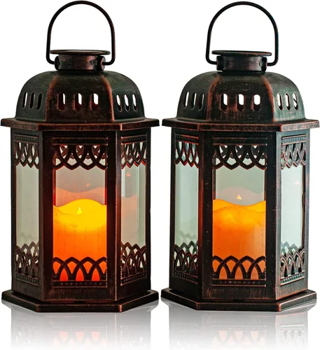 Paquete de 2 faroles solares de bronce, faroles colgantes retro ornamentados con asa, linterna para exteriores con vela LED parpadeante, 6.60 x 6.60