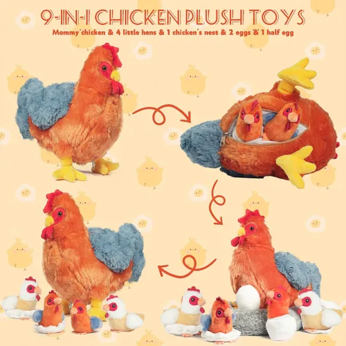 Miniatura 2 de Juego de peluche de pollo 9 en 1, juguete de peluche de pollo para niños, gallina ponedora de huevos con cremallera, pollos y huevos, juguetes