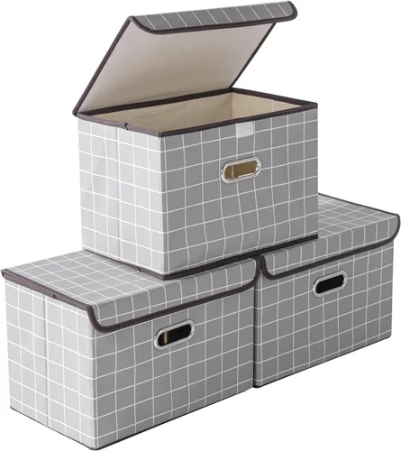 Miniatura 14 de STOREONE Contenedores de Almacenamiento de Tela en Forma de Cubo Plegables, Organizador Contenedor Cesta Plegable con Tapas y Asas de Metal