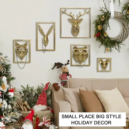 Miniatura 2 de Newinhome Paquete de 5 cabezas de animales para decoración de pared (marco de metal de regalo), esculturas de animales de resina, decoración