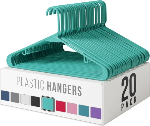 Perchas de plástico para ropa, paquete de 20 unidades, ganchos de plástico color aguamarina, son perfectas para colgar abrigos y ahorrar espacio en