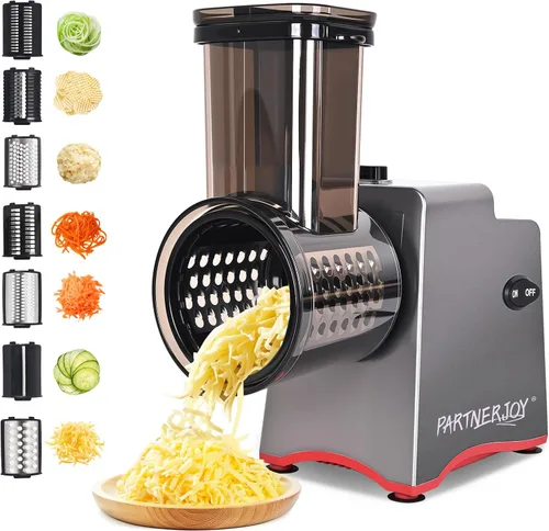 Rallador Eléctrico de Queso, Rallador de Queso Eléctrico 7 en 1 para Queso en Bloque, Rebanadora Eléctrica de 250W, Rallador Eléctrico Automático,