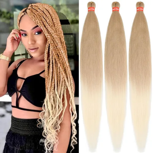 Miniatura 62 de Cabello trenzado preestirado ombré, extensiones de cabello trenzado sedoso, sin picazón, trenzas de cabello trenzado de ganchillo con textura Yaki
