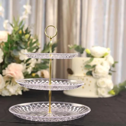 Miniatura 20 de Efavormart - Paquete de 2 elevadores de plástico transparente de 12 pulgadas con borde dorado para cupcakes y postres, soporte desechable para tartas