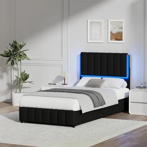 Miniatura 6 de REVOMINCA Base de cama tapizada individual con luces LED, plataforma de piel sintética con cabecera y soporte de listones de madera, no necesita
