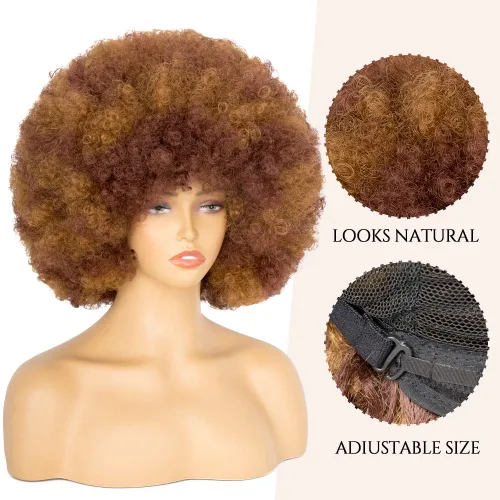 Miniatura 4 de Peluca afro de los años 70 para mujer, peluca rizada afro corta de color marrón mixto, peluca sintética sin pegamento con flequillo, peluca afro