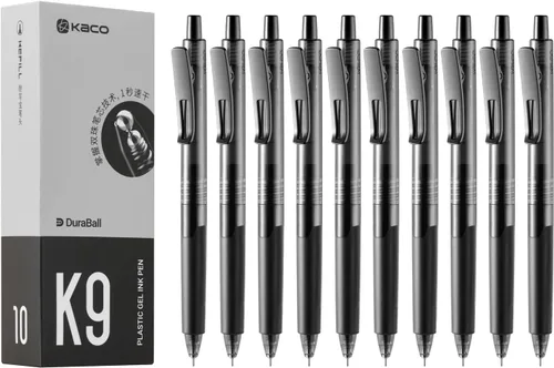 Kaco K9 - Juego de 10 bolígrafos de gel de tinta negra, retráctiles, punta fina de 0.020 in, secado rápido, bolígrafos estéticos, suministros de