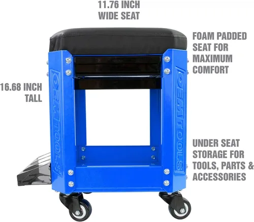 Miniatura 3 de OEMTOOLS 24996 Asiento Creeper de Taller Azul, Taburete con Ruedas con Almacenamiento de Herramientas, Taburete de Mecánico para Trabajo de Garaje