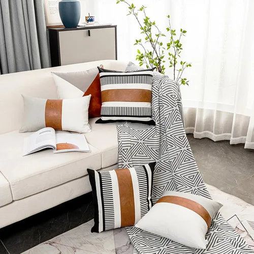 Miniatura 8 de Paquete de 2 fundas de almohada decorativas estilo granja para sofá, fundas de cojín cuadradas de cuero sintético con rayas tribales, fundas de Negro