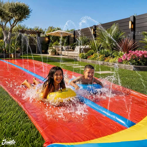 Miniatura 2 de JAMBO 7.3 metros XL Tobogán, Resbaladilla y Aspersor y 2 Tablas de Bodyboard, Tobogán de Agua para Césped de Alta Resistencia, Juguete de Agua