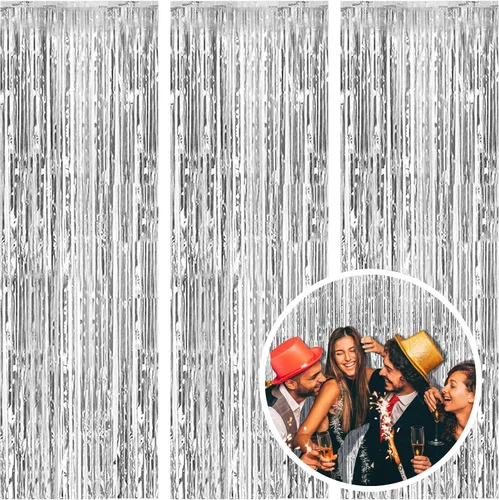 Miniatura 8 de Paquete de 3 cortinas de fondo de flecos negros para decoración de fiesta de Halloween, cortinas de papel de oropel negro, telón de fondo de cabina