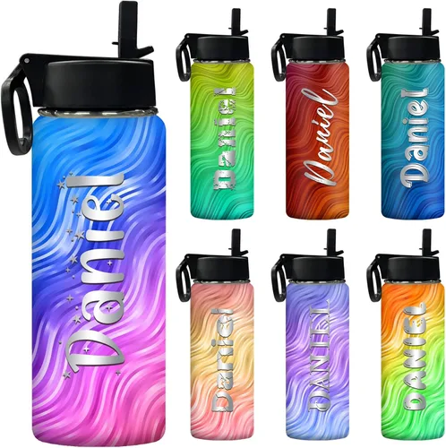 Miniatura 16 de Botella de agua personalizada, botella de agua deportiva personalizada con nombre, botella de acero inoxidable aislada al vacío con tapa