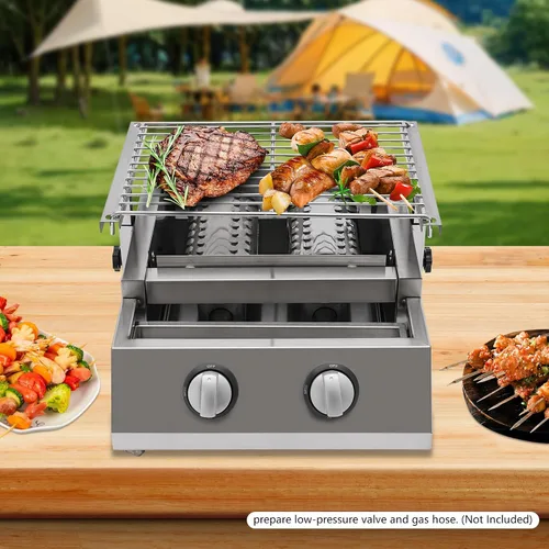 Miniatura 2 de Parrilla de barbacoa de gas, portátil de 2 quemadores, parrilla de gas propano de mesa de acero inoxidable, barbacoa al aire libre, ahumador