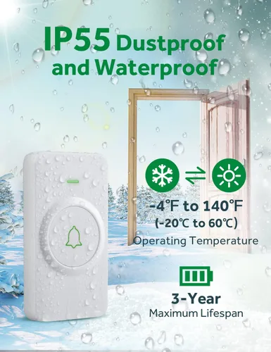 Miniatura 3 de Timbre inalámbrico AVANTEK CW-21 Mini, timbre de puerta impermeable, funciona a más de 305 metros, 2 botones remotos con tonos diferentes, 52 2