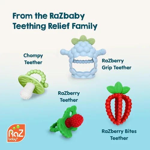 Miniatura 10 de RaZbaby RaZberry - Mordedor de silicona con agarre para bebés de 3M+ Mordedor de mano resistente a caídas para bebés y lactantes - Diseñado por