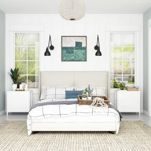 Miniatura 5 de BOLUO Mesita de noche blanca con 2 cajones para dormitorio, mesita de noche pequeña con cajones de tela, mesita de noche moderna