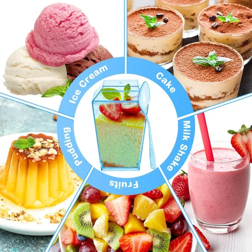 Miniatura 4 de Dandat Paquete de 100 tazas de postre de plástico con purpurina azul de 5 onzas con tapas y cucharas, mini tazas de yogur transparente