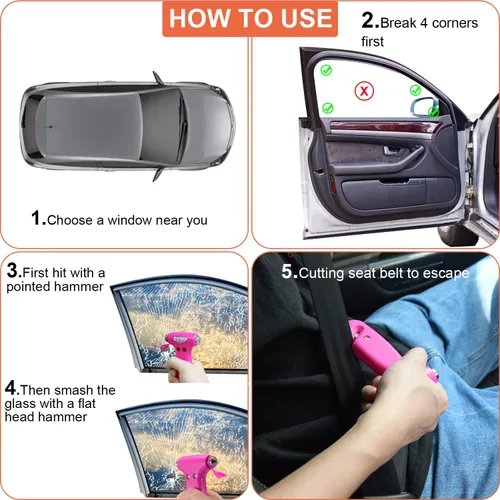 Miniatura 4 de THINKWORK Martillo de seguridad para automóvil de regalo para mujeres, herramienta tres en uno con rompeventanas y cortador de cinturón de 2-Rosa