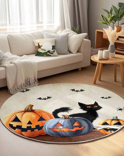 Miniatura 6 de Alfombra redonda de Halloween de 3 pies, lavable para interiores y exteriores, para dormitorio, cocina, sala de estar, área y alfombra, alfombra