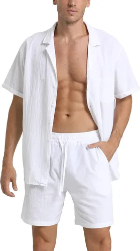 Miniatura 2 de RPOVIG Conjunto corto de camisa de lino conjunto casual de 2 piezas para hombre