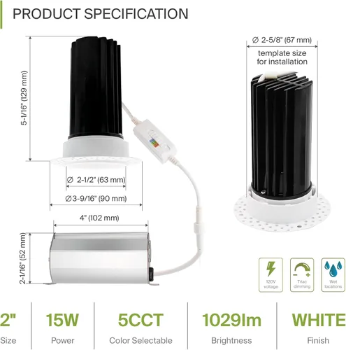 Miniatura 2 de ASD Iluminación empotrable LED de 2" sin moldura, 15 W 120 V, luz de techo redonda comercial regulable, sin lata, con caja de conexiones, 5 CCT