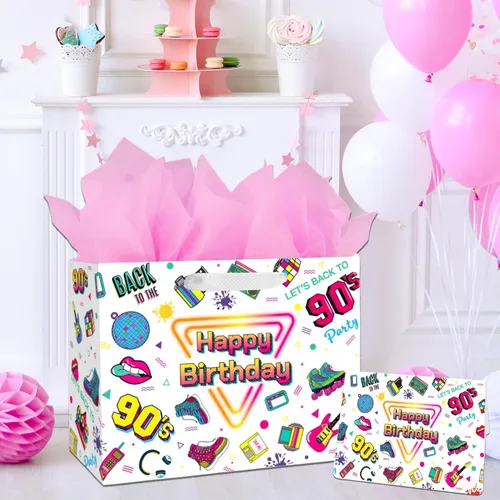 Miniatura 5 de BATYONGOGA Bolsa grande de regalo de cumpleaños retro de los años 90 con asas, incluye tarjeta de felicitación y papel de seda, bolsas de regalo