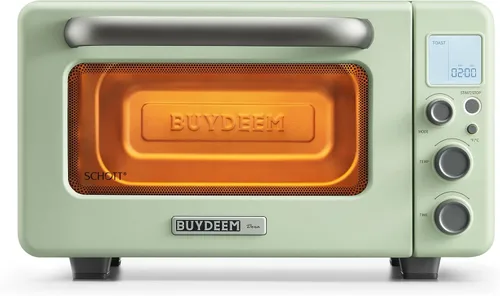 BUYDEEM Horno tostador T103 de 12 cuartos de galón, no necesita precalentamiento, 7 modos de cocción, mini horno tostador retro con rejilla y