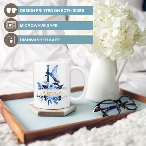 Miniatura 2 de Personalized Blue Floral Monogram Name Coffee Mug Beautiful Flowers Initial Custom Microwave Dishwasher Safe Cup
