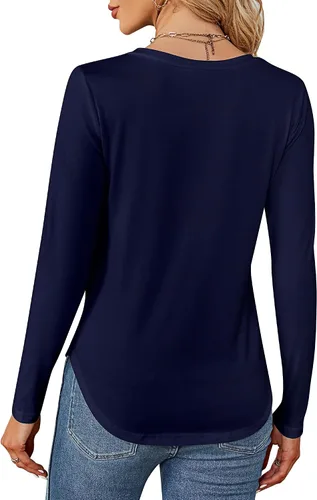 Miniatura 6 de Ficerd Paquete de 2 camisetas con cuello en V para mujer, manga corta o larga, camisetas básicas de verano casuales con dobladillo sólido