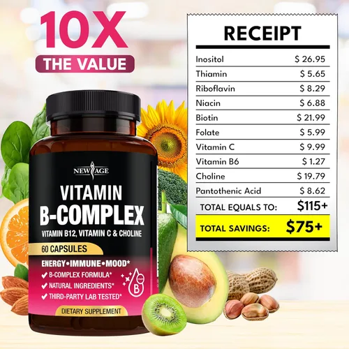 Miniatura 5 de Complejo de vitamina B para hombres y mujeres - Hecho en Estados Unidos - Complejo B: B1, B2, B3, B5, B6, B7, B8, B9, B12 con vitamina C, colina