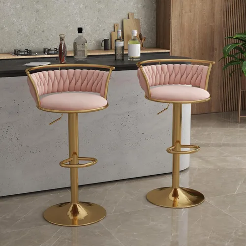 Miniatura 45 de Juego de 2 taburetes de bar giratorios de 360°, silla de bar de terciopelo ajustable a altura de mostrador moderna, taburete de metal plateado
