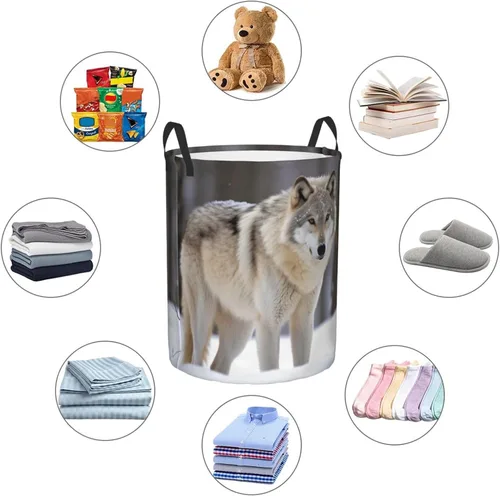 Miniatura 6 de wolf in the snow print Circular Hamper Waterproof Storage Bin Organizer Basket Laundry Hamper With Handles For Clothes Toys Small